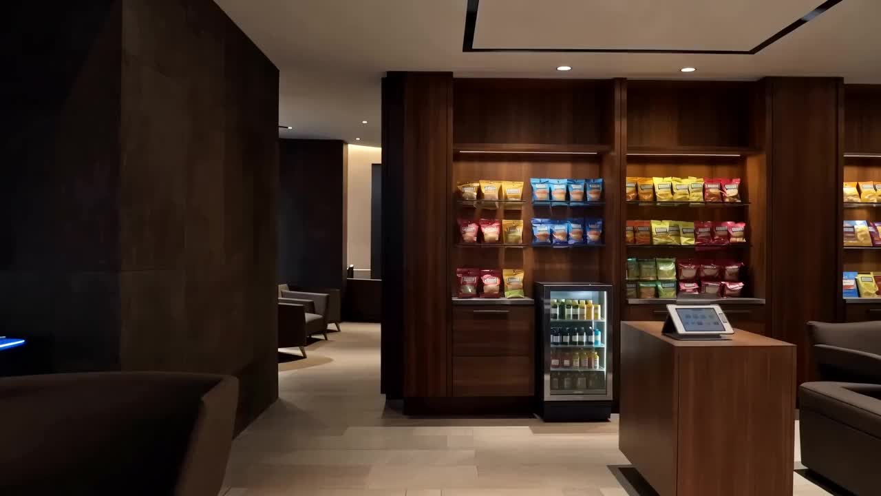 Cinematic concept of a luxury open market with warm wood snack shelves, a glass-front drinks cooler and separate self-checkout